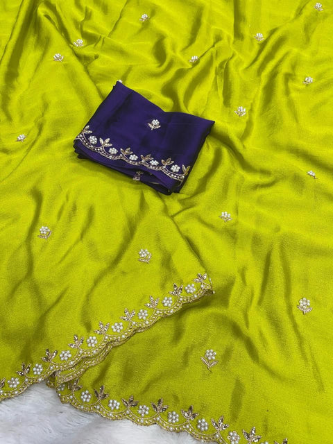 Crunchy chiffon crush silk with beautiful embroidery & moti work