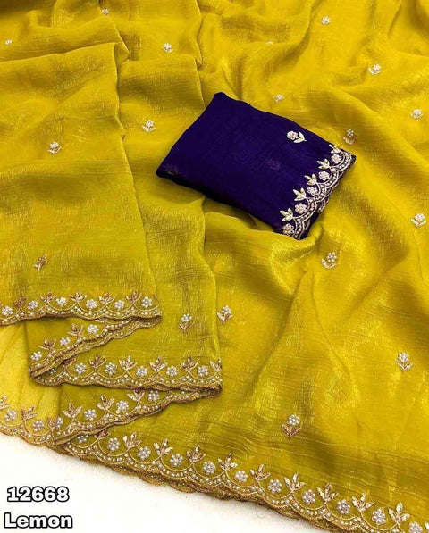 Crunchy chiffon crush silk with beautiful embroidery & moti work