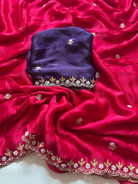 Crunchy chiffon crush silk with beautiful embroidery & moti work