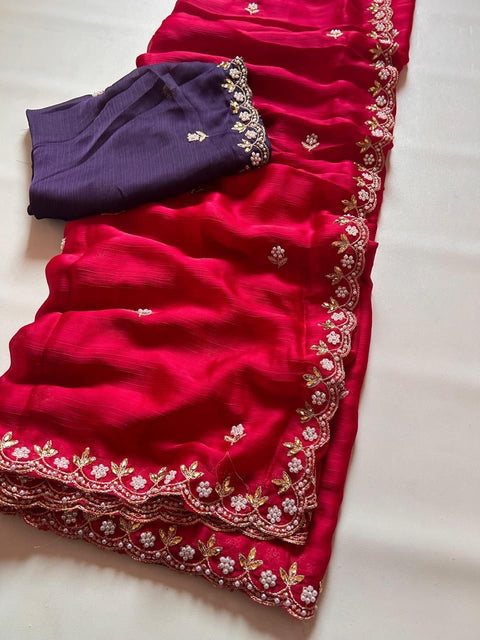 Crunchy chiffon crush silk with beautiful embroidery & moti work