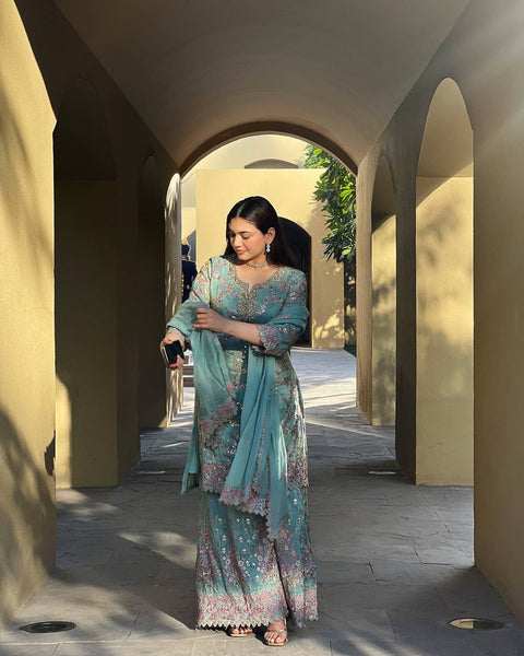 New Weeding Wear Chinnon Silk Embroidery Work Top Sharara suit