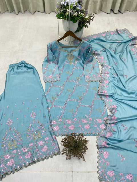 New Weeding Wear Chinnon Silk Embroidery Work Top Sharara suit