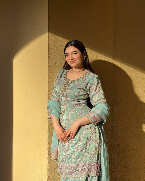 New Weeding Wear Chinnon Silk Embroidery Work Top Sharara suit