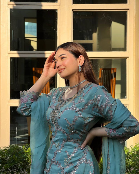 New Weeding Wear Chinnon Silk Embroidery Work Top Sharara suit