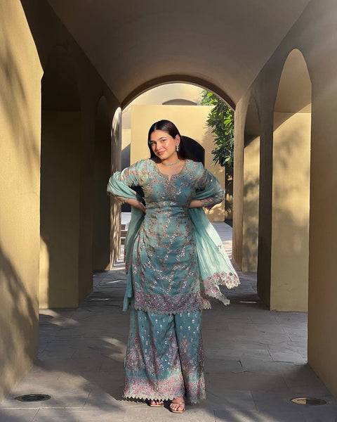 New Weeding Wear Chinnon Silk Embroidery Work Top Sharara suit
