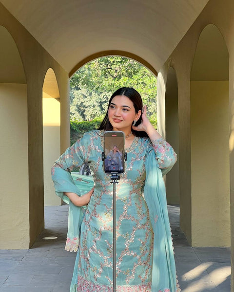 New Weeding Wear Chinnon Silk Embroidery Work Top Sharara suit