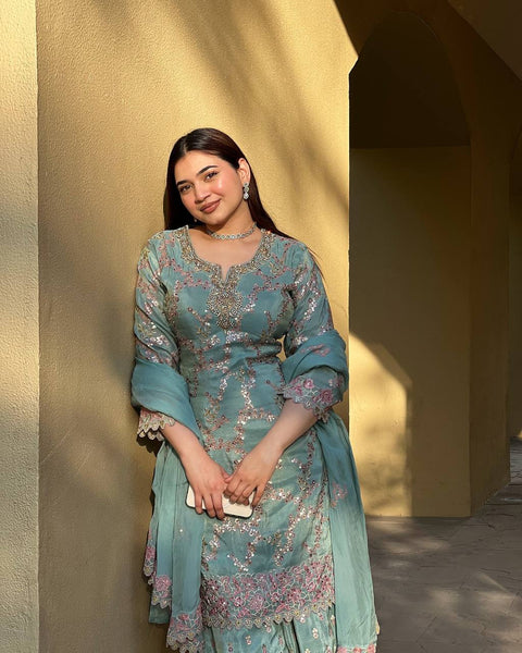 New Weeding Wear Chinnon Silk Embroidery Work Top Sharara suit