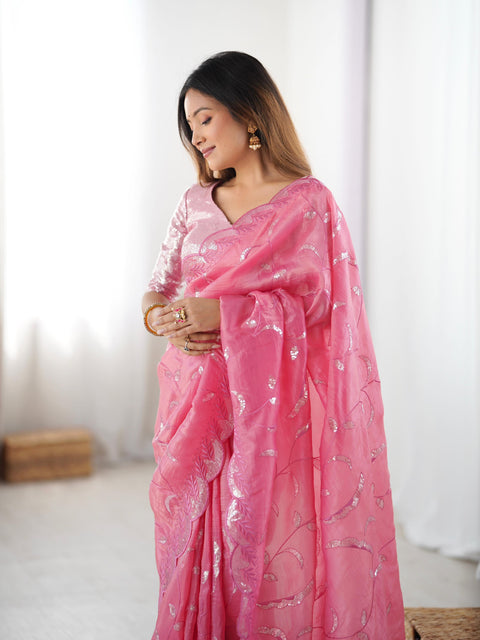 Embroidery work Saree with Fancy Blouse with Jarkhan Diamonds