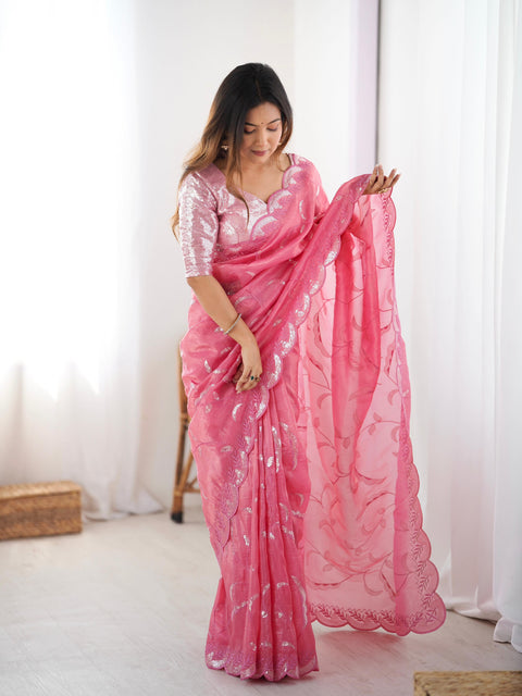 Embroidery work Saree with Fancy Blouse with Jarkhan Diamonds