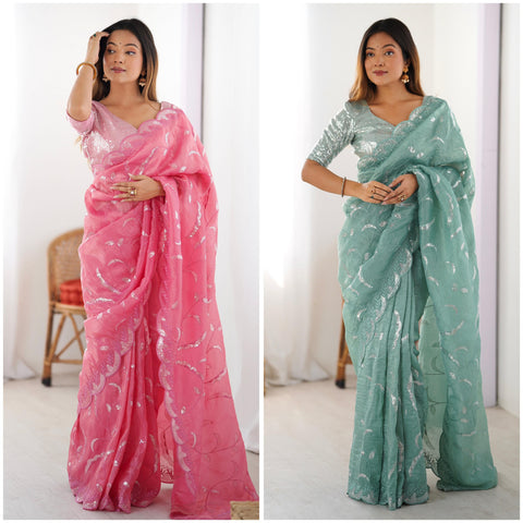 Embroidery work Saree with Fancy Blouse with Jarkhan Diamonds