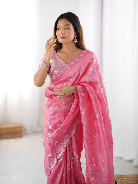 Embroidery work Saree with Fancy Blouse with Jarkhan Diamonds