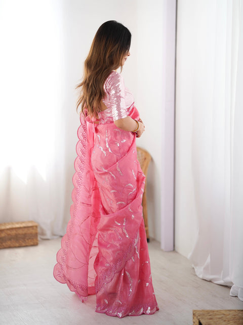 Embroidery work Saree with Fancy Blouse with Jarkhan Diamonds