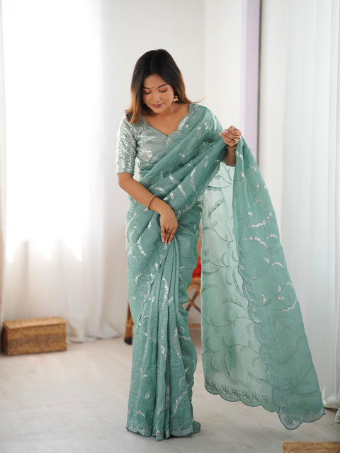 Embroidery work Saree with Fancy Blouse with Jarkhan Diamonds
