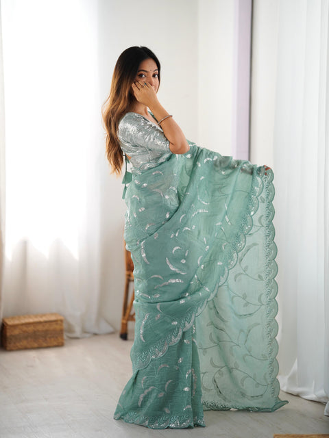 Embroidery work Saree with Fancy Blouse with Jarkhan Diamonds
