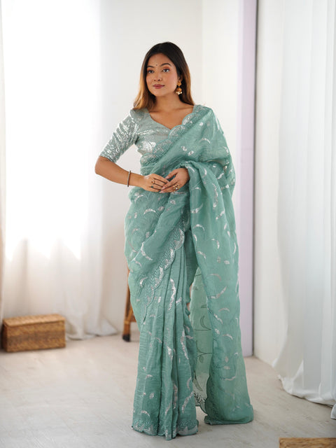Embroidery work Saree with Fancy Blouse with Jarkhan Diamonds