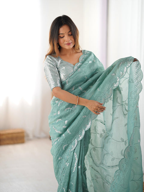 Embroidery work Saree with Fancy Blouse with Jarkhan Diamonds