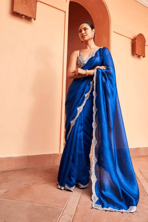 Stylish Golden Tissue Silk Saree with Rich Pallu & Trendy Lace Detailing