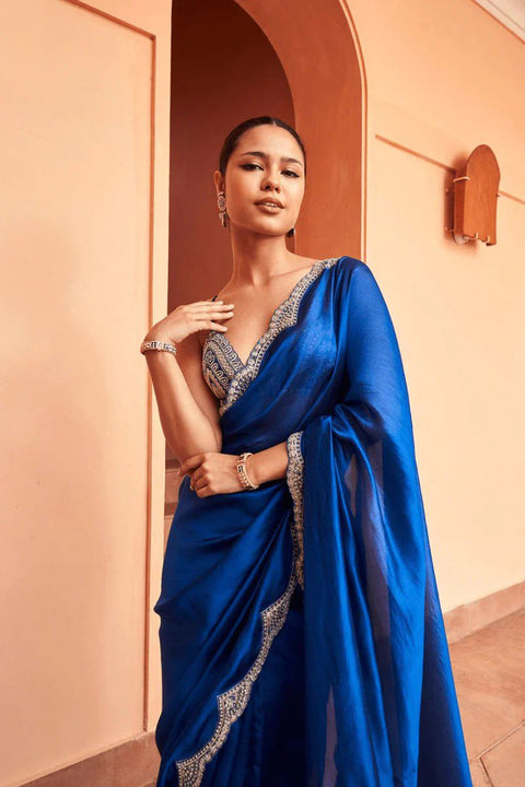 Stylish Golden Tissue Silk Saree with Rich Pallu & Trendy Lace Detailing