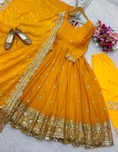 Stylish Anarkali Gown with Flared Pant and Embroidered Dupatta