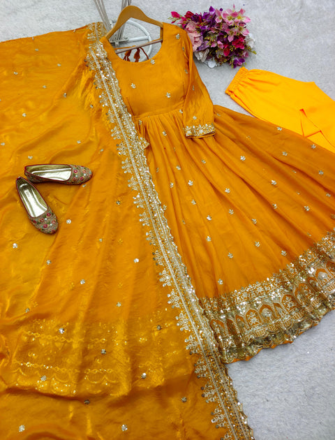 Stylish Anarkali Gown with Flared Pant and Embroidered Dupatta