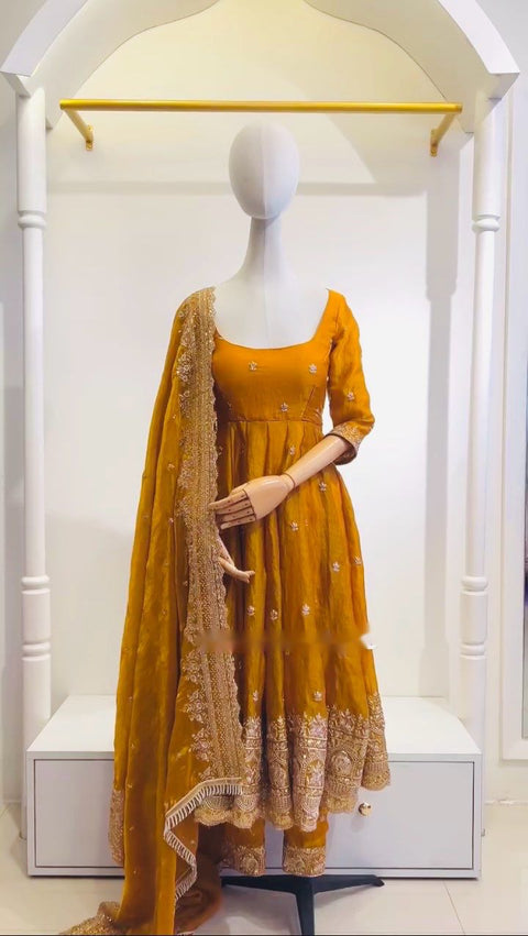 Stylish Anarkali Gown with Flared Pant and Embroidered Dupatta