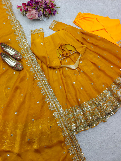 Stylish Anarkali Gown with Flared Pant and Embroidered Dupatta