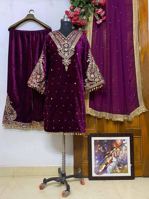 New Designer Party Wear Look Heavy Pure Viscose Velvet Top Palazzo & Dupatta
