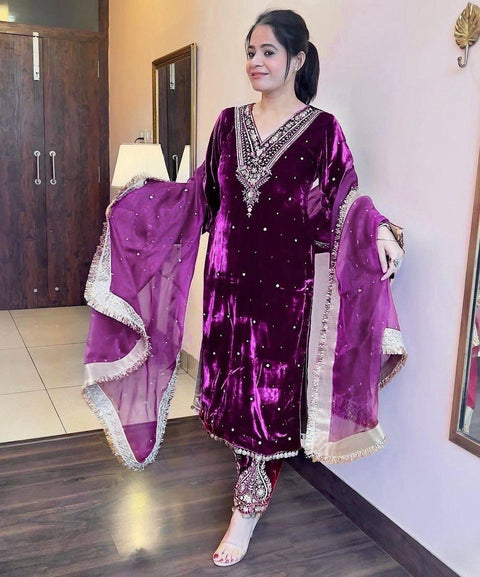 New Designer Party Wear Look Heavy Pure Viscose Velvet Top Palazzo & Dupatta