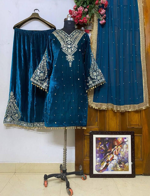 New Designer Party Wear Look Heavy Pure Viscose Velvet Top Palazzo & Dupatta