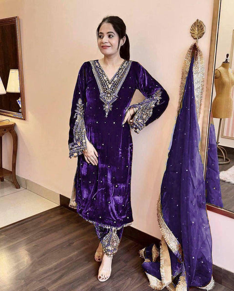 New Designer Party Wear Look Heavy Pure Viscose Velvet Top Palazzo & Dupatta