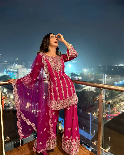 Presenting New Heavy Embroidery Sequence Work Top-Gharara And Dupatta