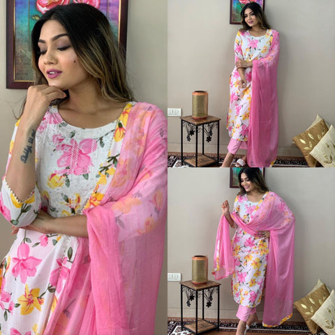 Beautiful Embroidered Organza Straight Kurti pent with Dupatta