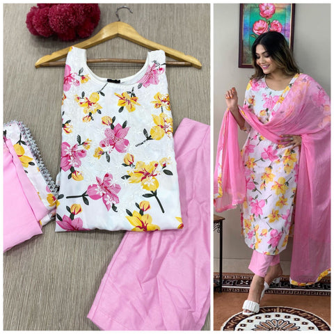 Beautiful Embroidered Organza Straight Kurti pent with Dupatta