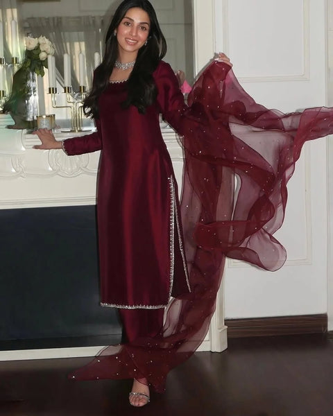 Floral Embroidered Thread Work A-line Kurti With Salwar&Dupatta