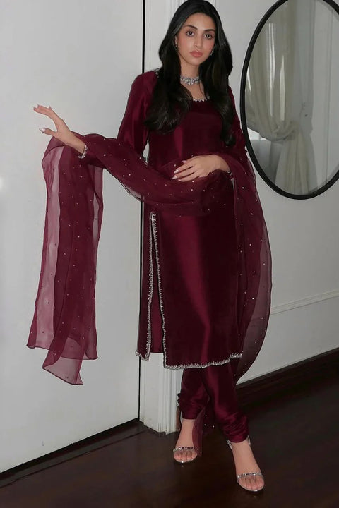 Floral Embroidered Thread Work A-line Kurti With Salwar&Dupatta