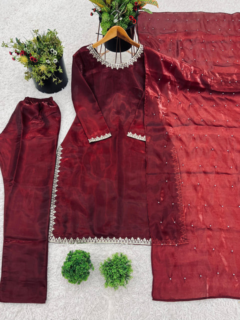 Floral Embroidered Thread Work A-line Kurti With Salwar&Dupatta