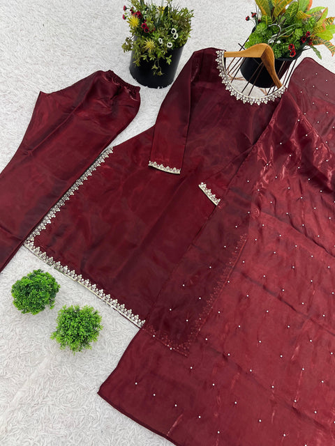 Floral Embroidered Thread Work A-line Kurti With Salwar&Dupatta