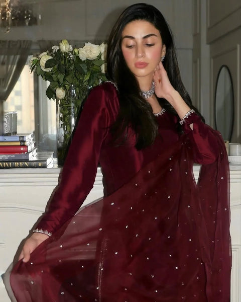 Floral Embroidered Thread Work A-line Kurti With Salwar&Dupatta