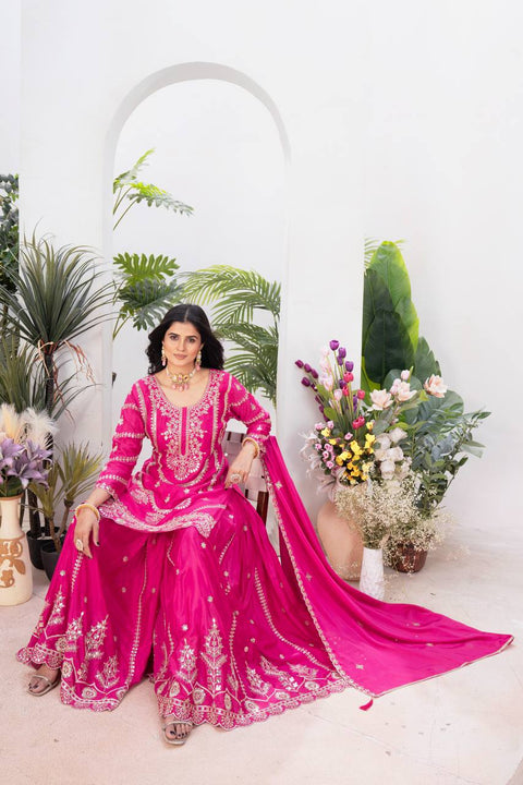 New Designer Party Wear Look Pure Chinnon Silk Stitched Suit