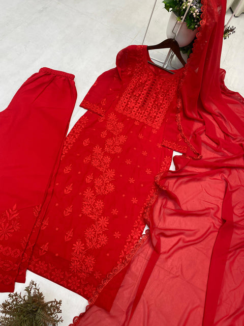 Rayon Sequence Embroidered Straight Kurti With Pant and dupatta