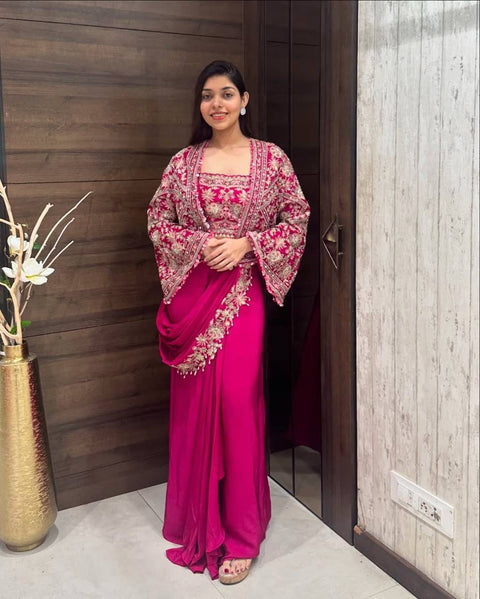 Gorgeous Ready-to-Wear Chinon Saree with Fully Embroidered Koti and Blouse