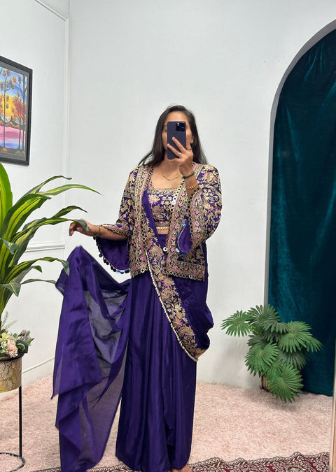 Gorgeous Ready-to-Wear Chinon Saree with Fully Embroidered Koti and Blouse