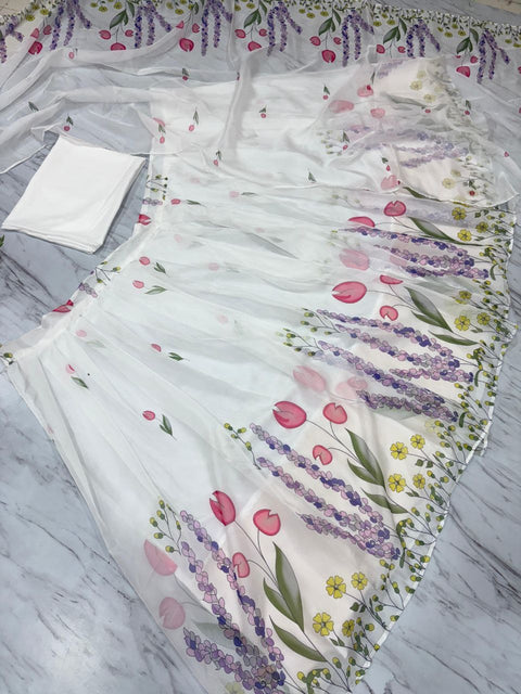 Hand-Painted and Embroidered Silk Organza Lehenga Suit with Dupatta