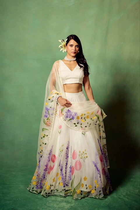 Hand-Painted and Embroidered Silk Organza Lehenga Suit with Dupatta