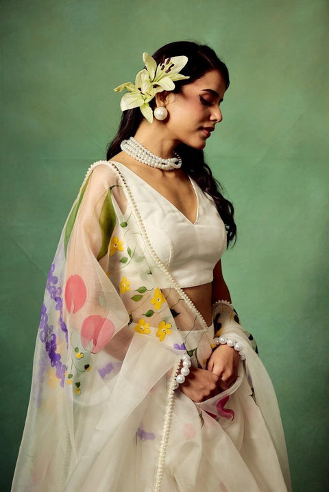 Hand-Painted and Embroidered Silk Organza Lehenga Suit with Dupatta