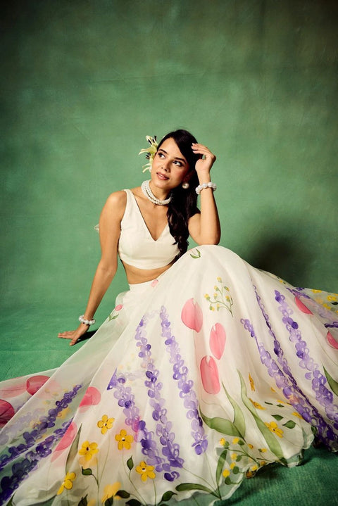 Hand-Painted and Embroidered Silk Organza Lehenga Suit with Dupatta