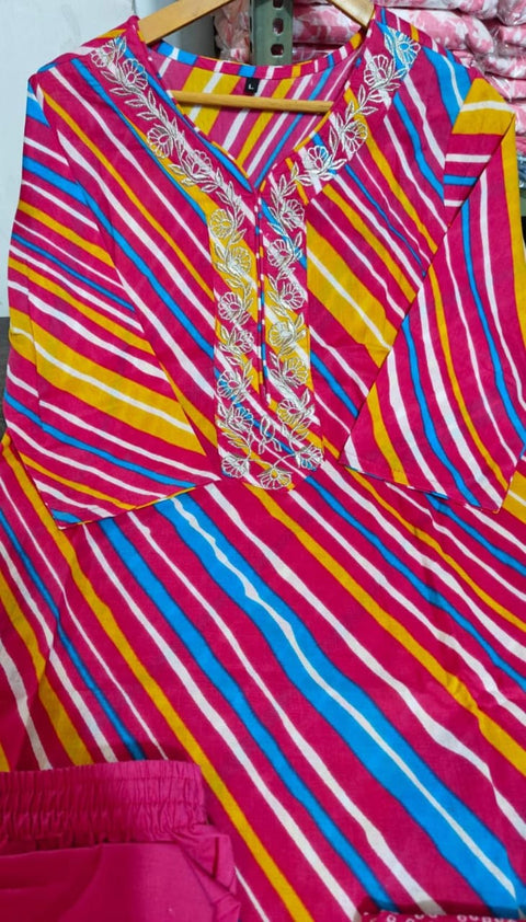 Floral Yoke Design Pleated Neck A-Line Kurti with Trousers & Dupatta