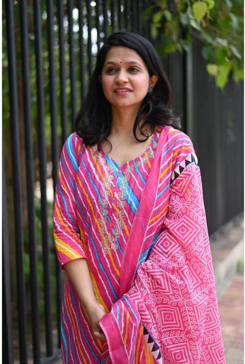 Floral Yoke Design Pleated Neck A-Line Kurti with Trousers & Dupatta