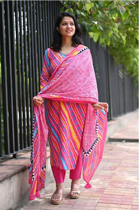 Floral Yoke Design Pleated Neck A-Line Kurti with Trousers & Dupatta