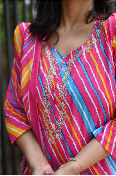 Floral Yoke Design Pleated Neck A-Line Kurti with Trousers & Dupatta